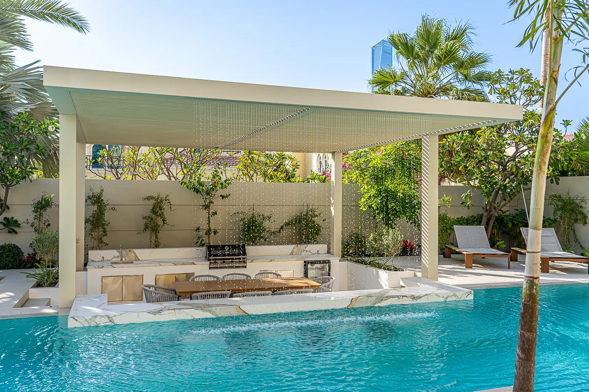 Temperature-controlled pool, jacuzzi and entertainment area at Villa Sfiora