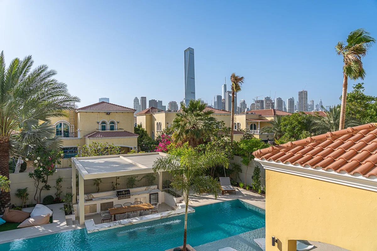 Temperature-controlled pool, jacuzzi and entertainment area at Villa Sfiora